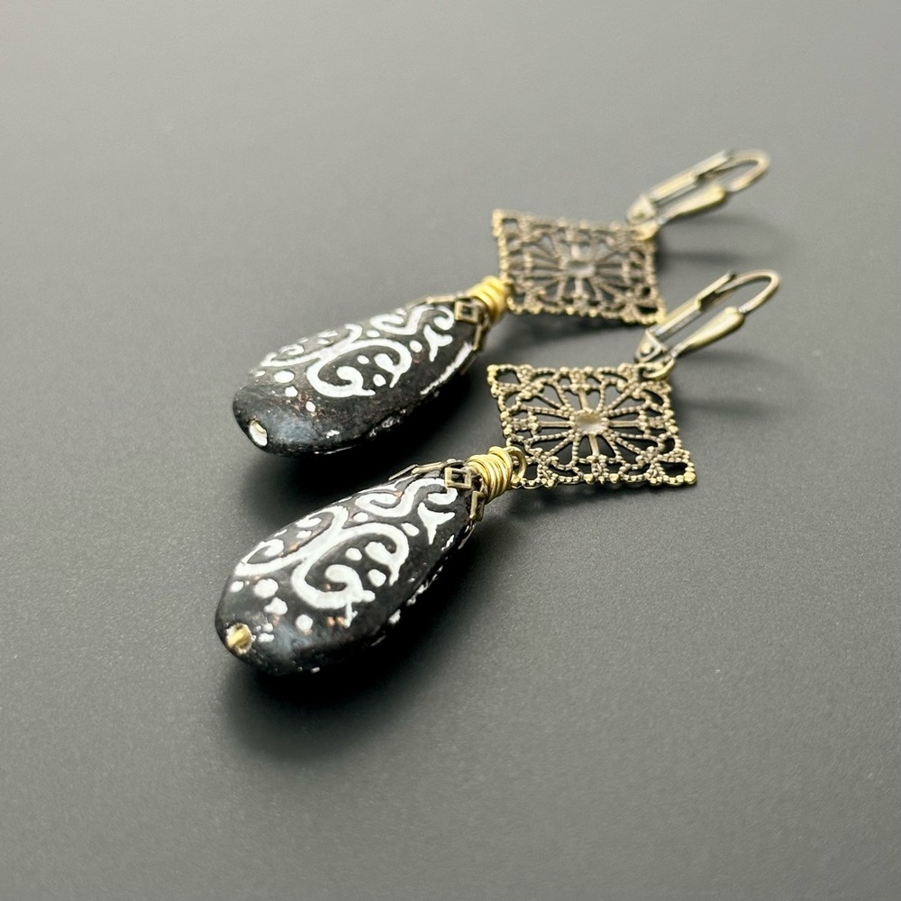 Handmade Boho Earrings, Black and White Clay Teardrops with Brass Leverbacks